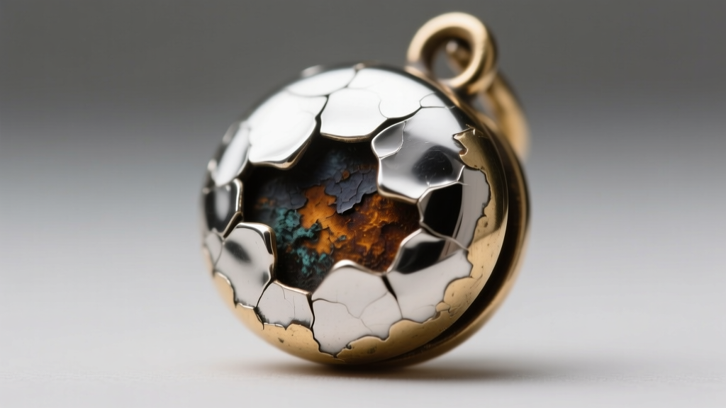 Macro photography showing peeling clear protective lacquer on a silver-plated brass charm, revealing dark oxidation underneath.