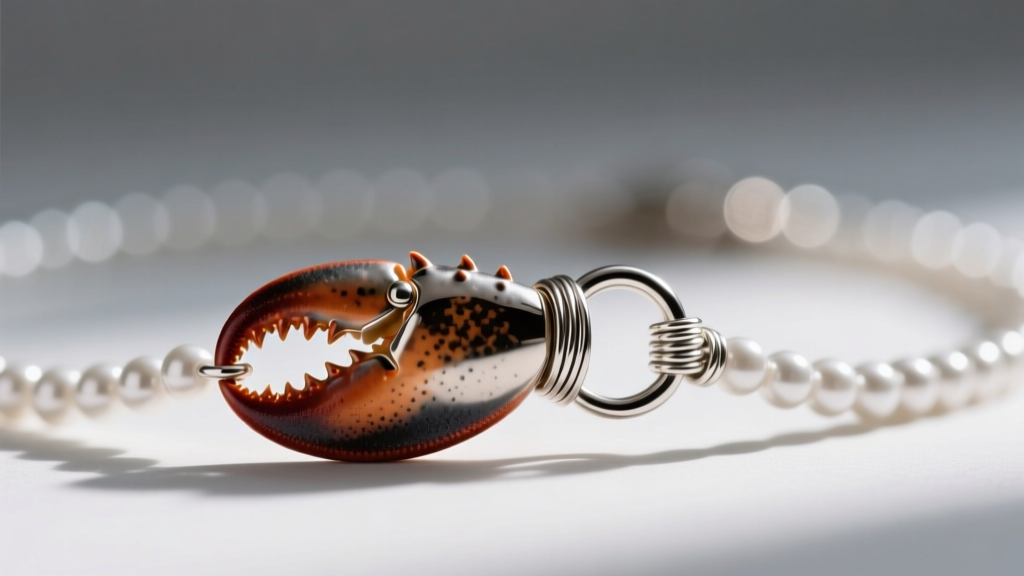 Macro shot of a lobster claw clasp attached to a beaded necklace via a soldered jump ring and wire guardian showing clean metal