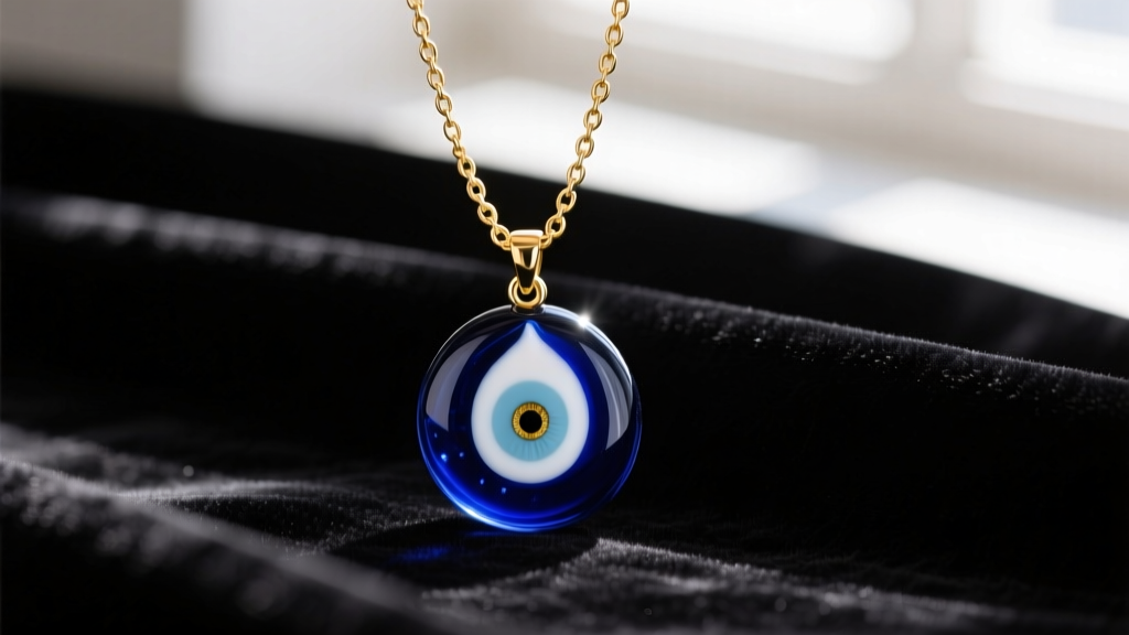 Close-up of a traditional evil eye glass pendant hanging on a delicate 14k solid gold chain, resting on dark velvet fabric.