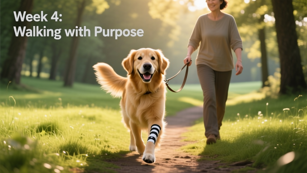 Happy, healthy dog walking confidently on a grassy path with gentle leash guidance from owner