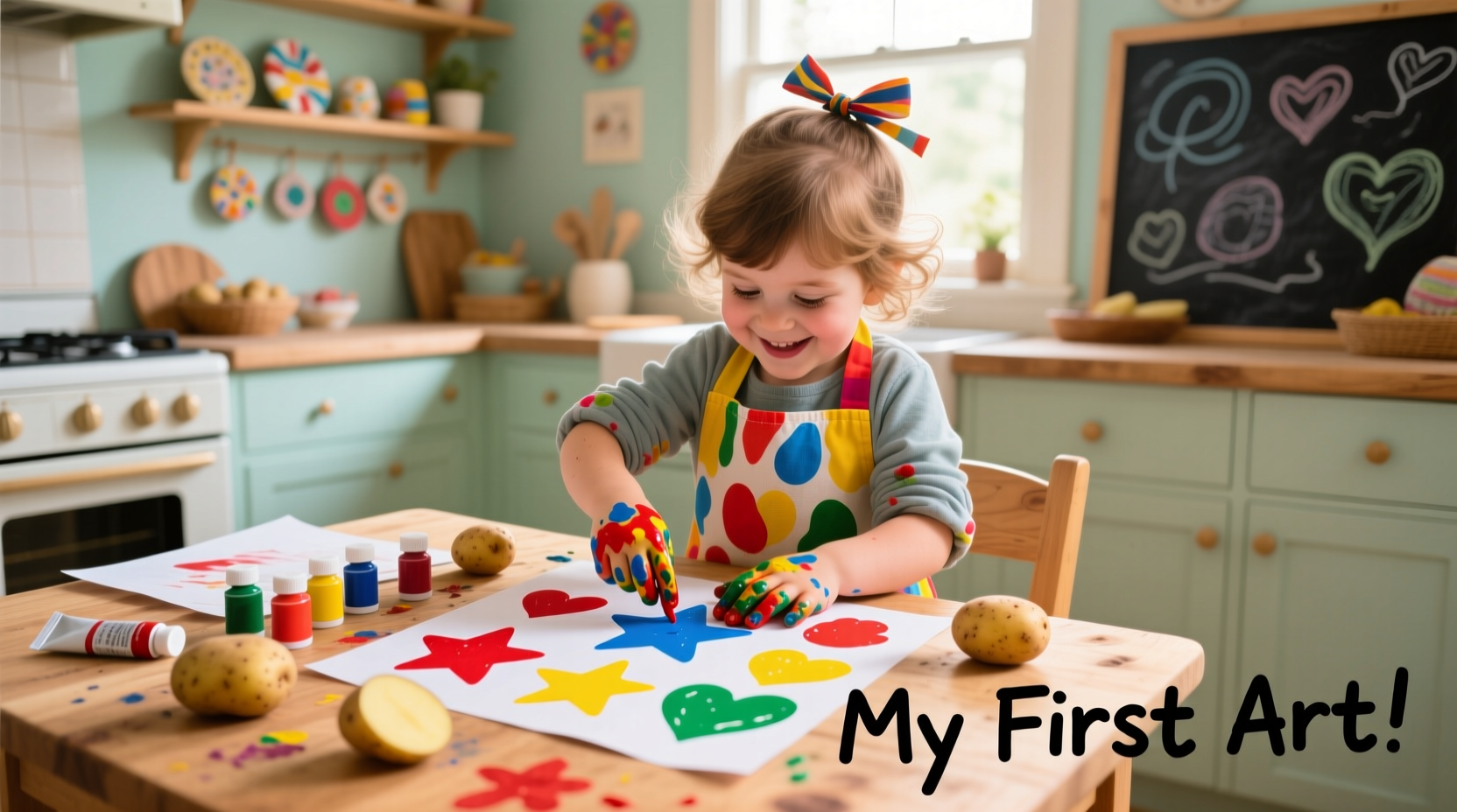 Child creating potato stamp art with colorful prints