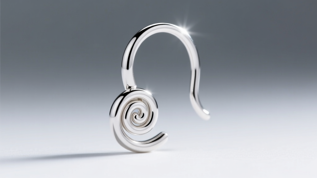 Side profile of a 20-gauge sterling silver French wire ear hook with a coiled guard, illuminated by soft directional rim lighting.
