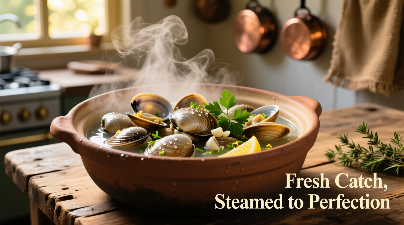 Fresh clams in a steaming pot with garlic and herbs