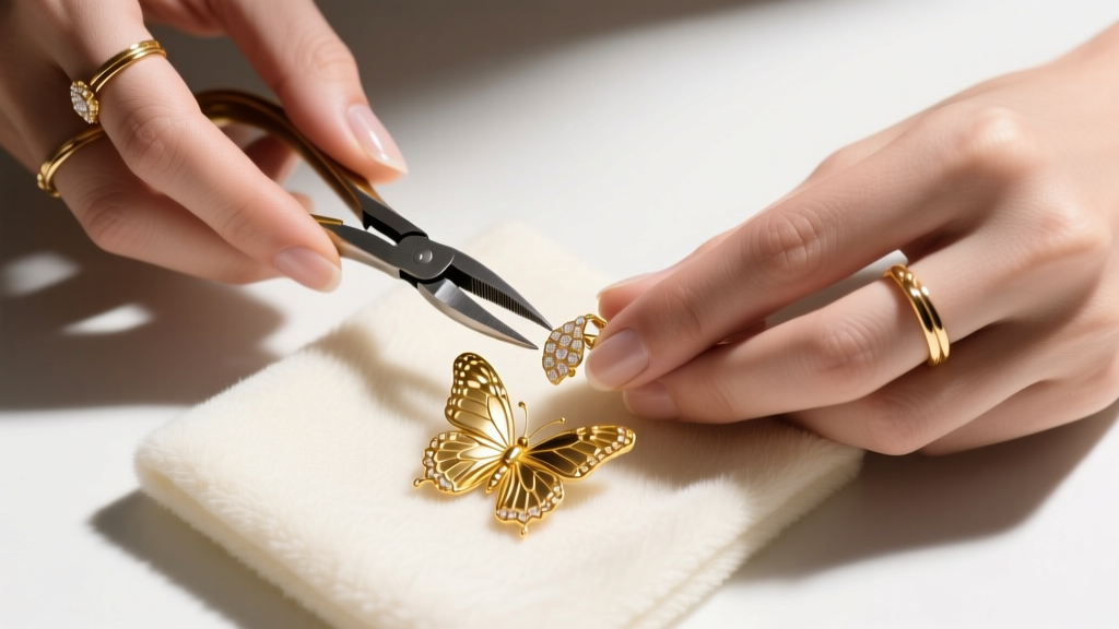 Overhead view of hands using nylon pliers to gently squeeze a 20-gauge gold butterfly earring back on a soft microfiber cloth.