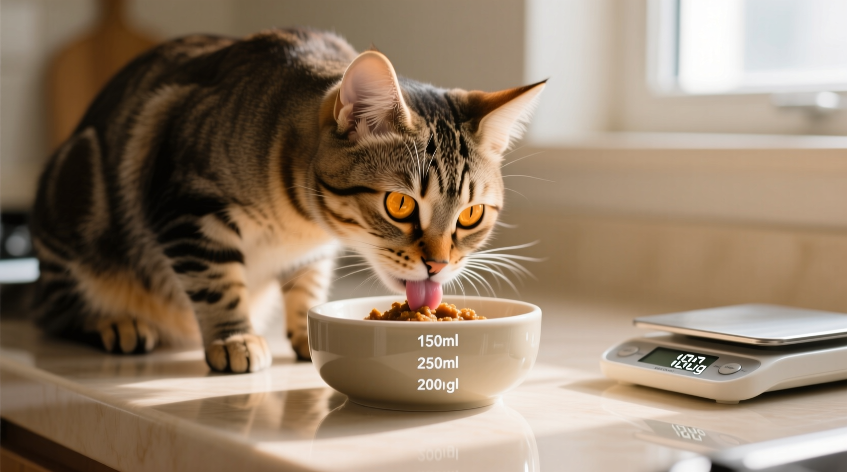 Cat eating wet food from bowl with portion measurement