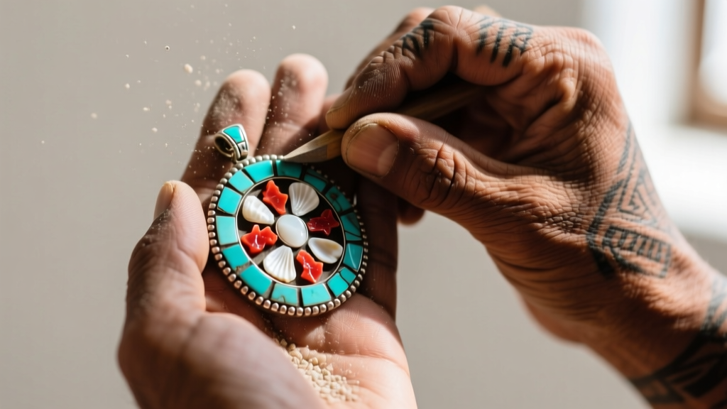 Macro shot of Zuni artisan hands polishing a medicine wheel inlay pendant with crushed turquoise, red coral, and white shell stones