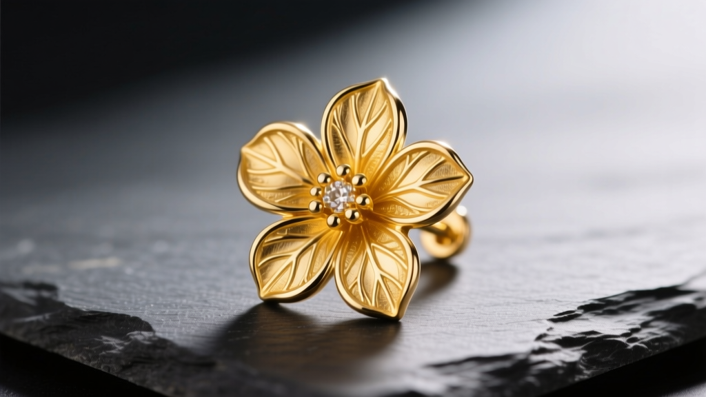 Macro shot of an 18-karat yellow gold flower statement earring with intricate petal veining, resting on dark slate