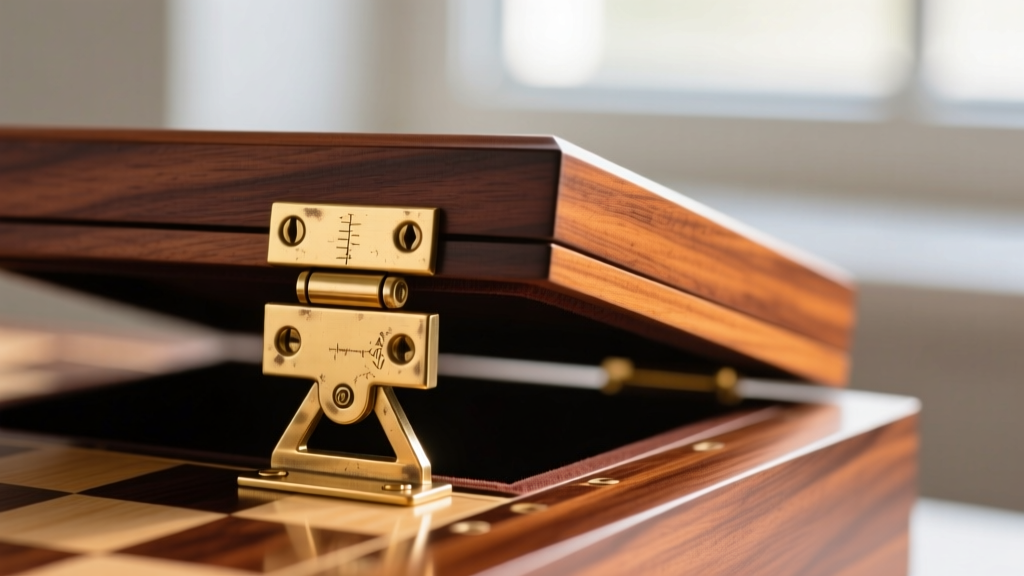 Macro close-up of solid brass quadrant hinges securing a rosewood chess board jewelry box lid at a perfect ninety-degree angle