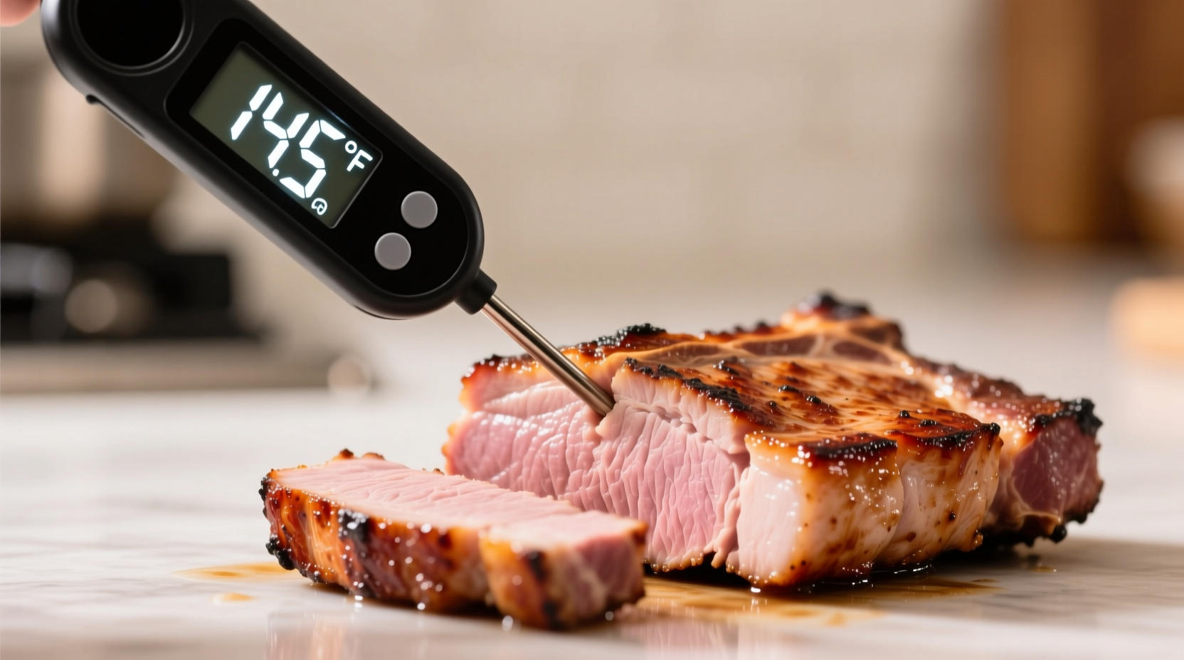 Digital meat thermometer in pork chop showing 145 degrees