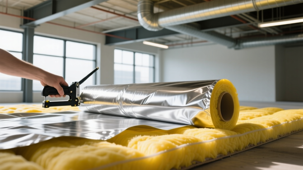 Silver FSK foil facing being unrolled and stapled over yellow fiberglass insulation quilts in an exposed commercial ceiling space.