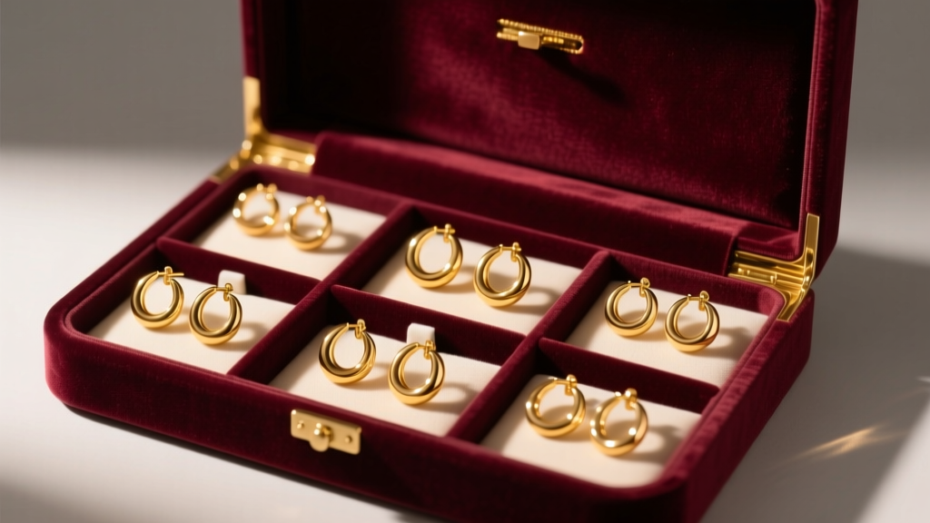 Open velvet jewelry box with individual compartments, 18k gold hoops stored separately to prevent scratching, warm ambient light.