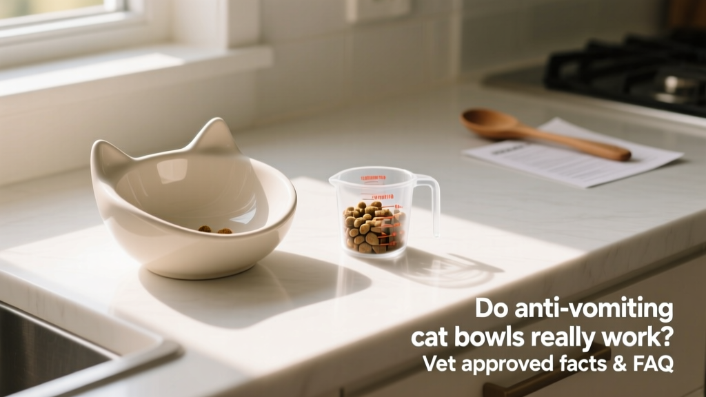 Side view of a tilted ceramic cat bowl with gentle contours, placed on a clean kitchen counter next to a small measuring cup of kibble