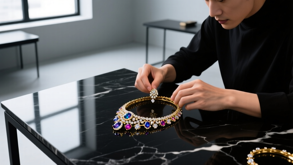 Top-down view of a jeweler's loupe, calipers measuring a turquoise bead pendant necklace, and a pricing ledger on a wooden desk.