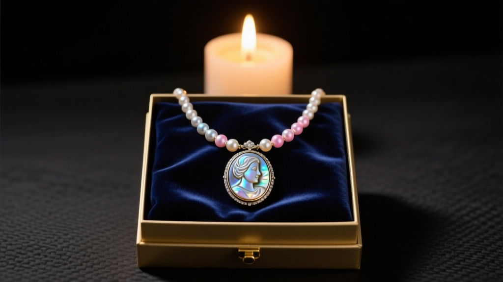 Gift box featuring a vintage mother of pearl cameo shell necklace draped over dark velvet, illuminated by warm and soft candlelight