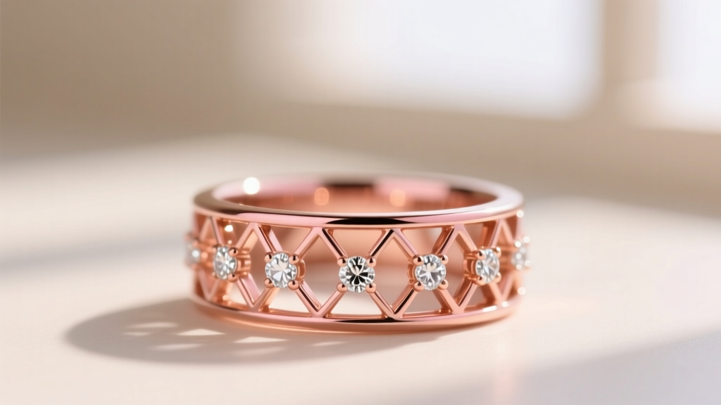 Close-up of 18k rose gold filigree showing a copper-rich pink hue and micro-pave settings used in luxury Italian jewelry