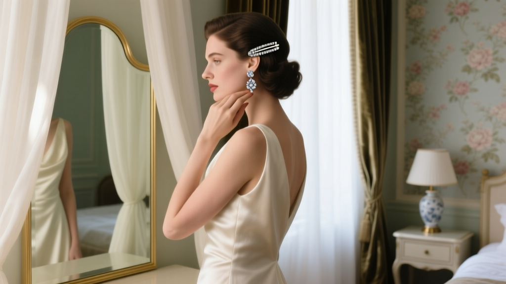 Woman in a silk gown adjusting a diamond pavé French clip earring while looking into a softly lit, elegant vanity mirror.