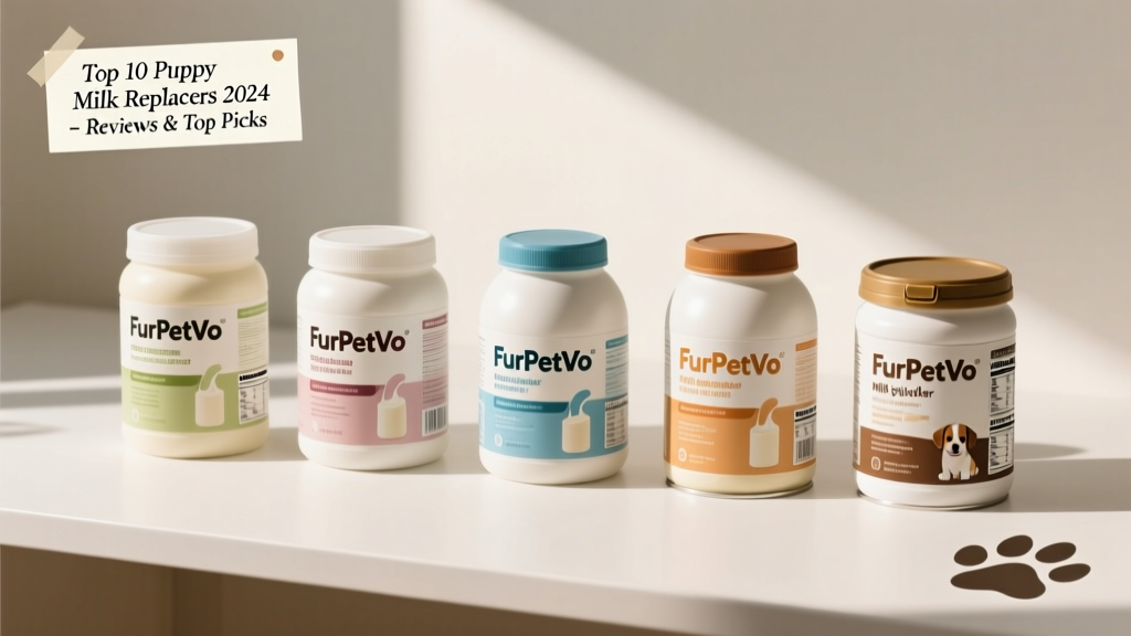 Side-by-side comparison of five different FurPetVo milk replacer powder containers on a clean white surface