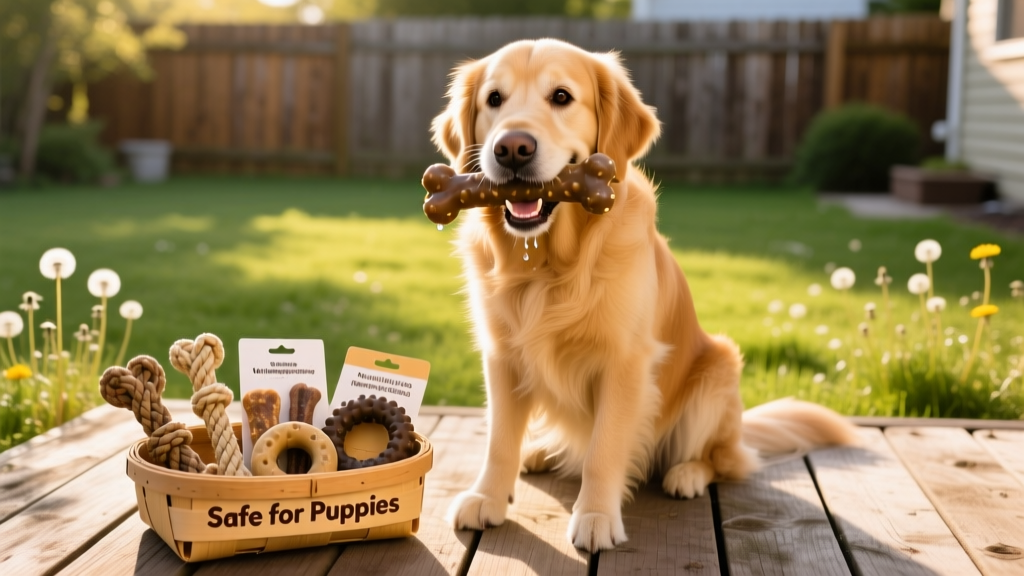 A dog happily chewing on a durable rubber toy while sitting beside a variety of safe chew options