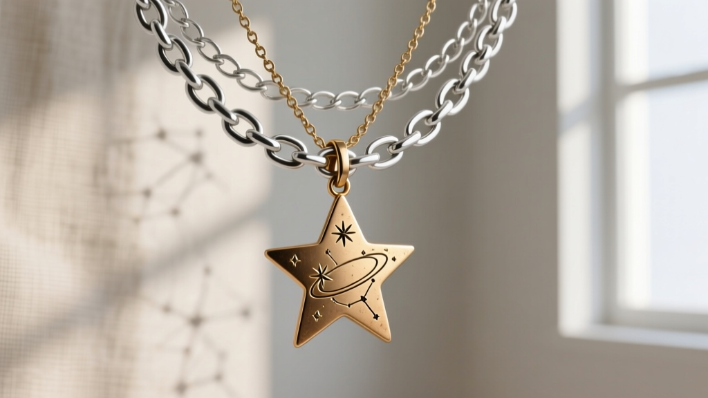 Silver rolo chain with a small UFO pendant layered with an oxidized brass celestial star chain on a neutral linen background.