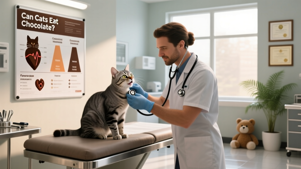 Veterinarian examining a cat in a clinic setting, with a chart showing chocolate toxicity levels visible nearby