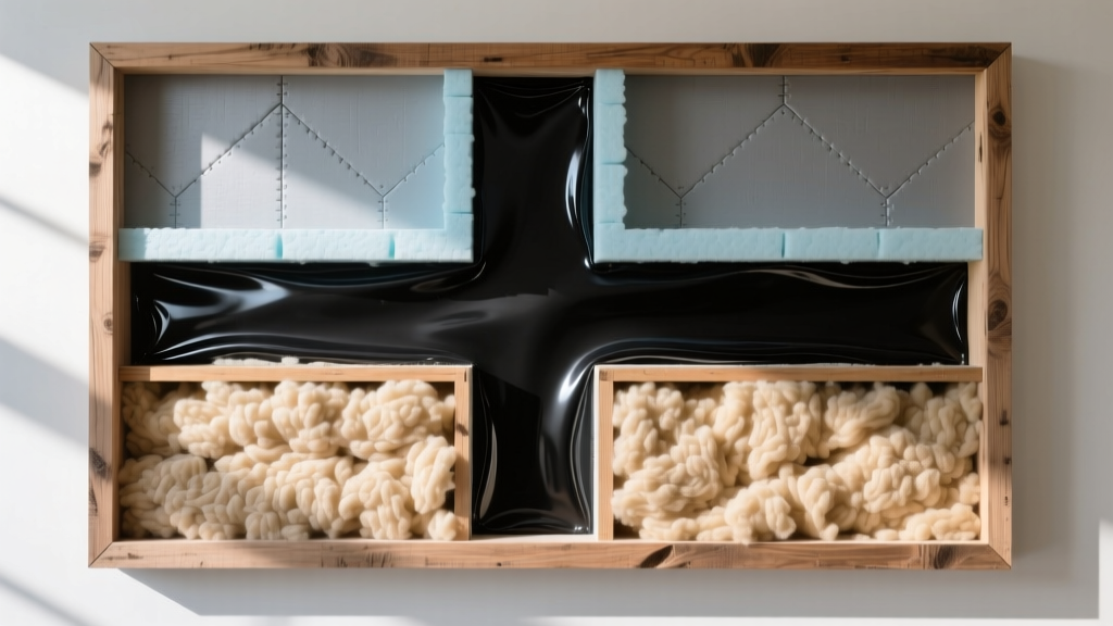 Wood-framed wall cross-section showing dense-pack cellulose, exterior rigid polyiso foam, and a dark fluid-applied air barrier.