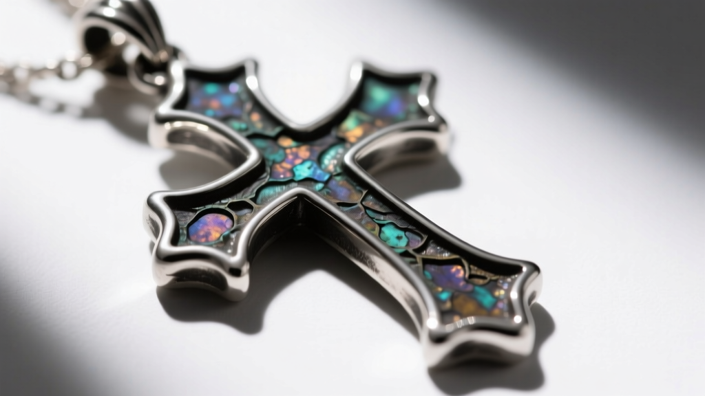 Macro photography of an oxidized sterling silver gothic cross pendant highlighting the darkened crevices and polished edges.