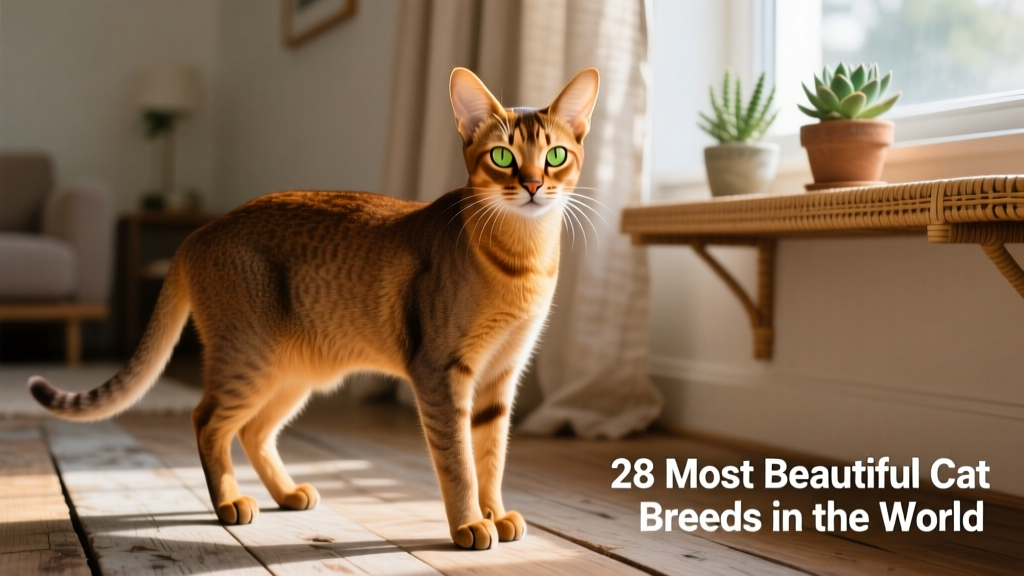 A poised Abyssinian cat with a richly ticked, warm-toned coat and alert, almond-shaped eyes
