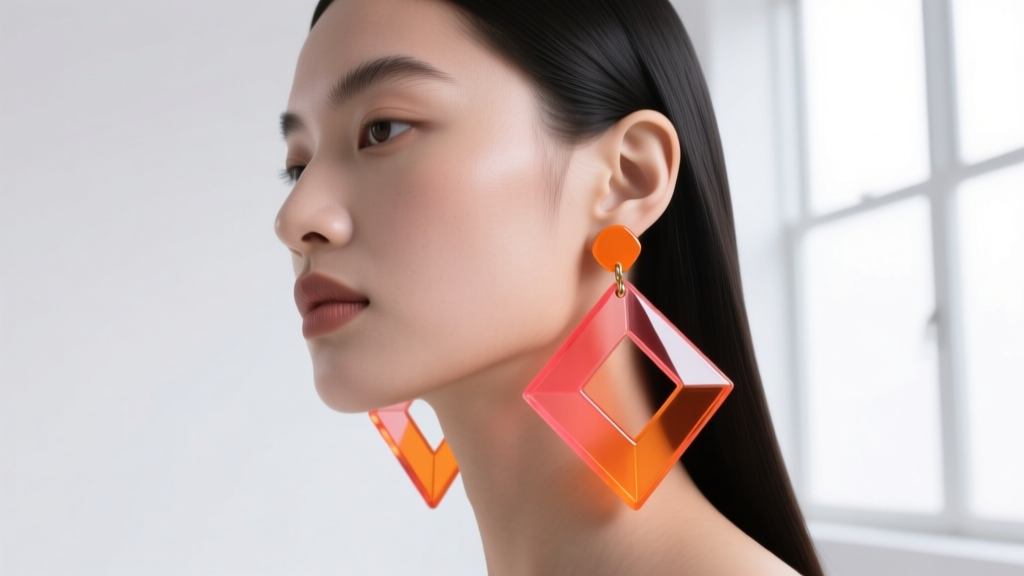 Profile view of a model wearing large acrylic Coco Loco drop earrings, showing how the vibrant shape complements a square jawline
