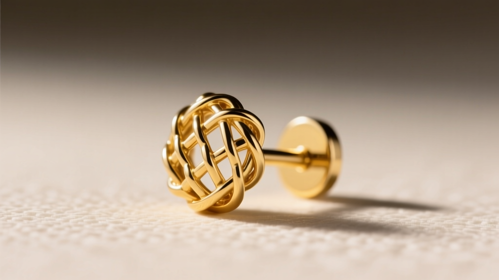 Side profile of a low-set basket cluster stud in 18k yellow gold showing space between the earlobe and friction post backing.