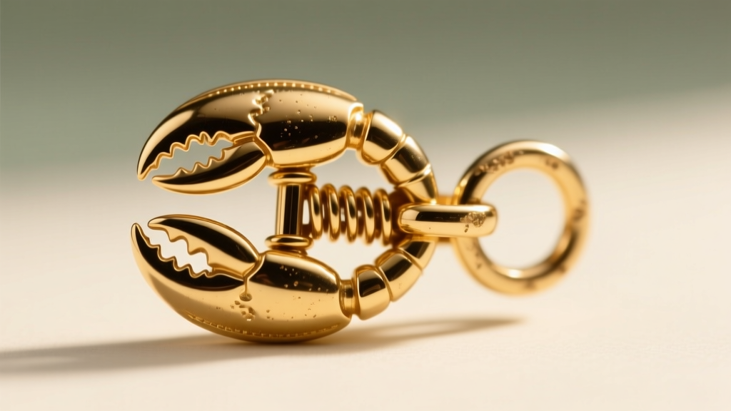 Macro photo of a 14k gold lobster claw clasp showing the spring mechanism and jump ring detail against a softly blurred background