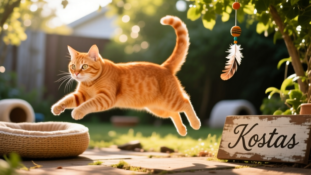A playful ginger cat mid-pounce, captured in golden-hour light, evoking vitality and joy