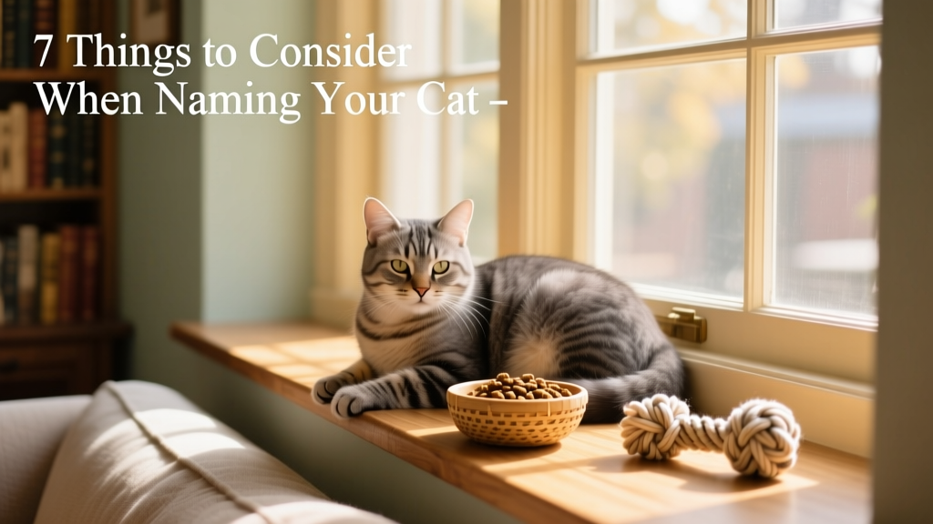 A cozy living room scene: a cat curled on a sunlit windowsill beside a small bowl of kibble and a woven toy