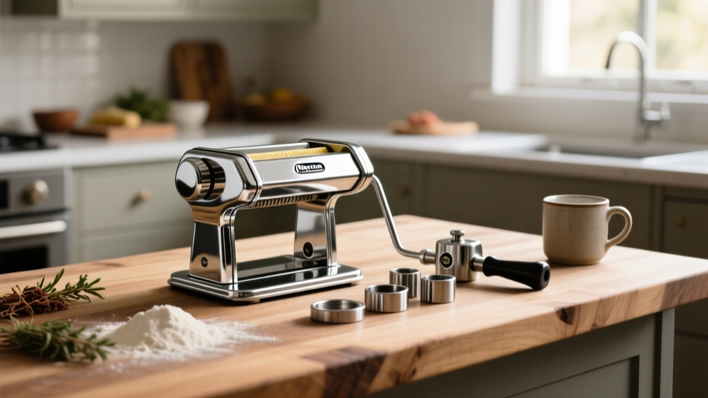 Marcato Atlas 150 pasta maker on a butcher block counter beside a disassembled stainless steel Flair 58 manual espresso lever machine