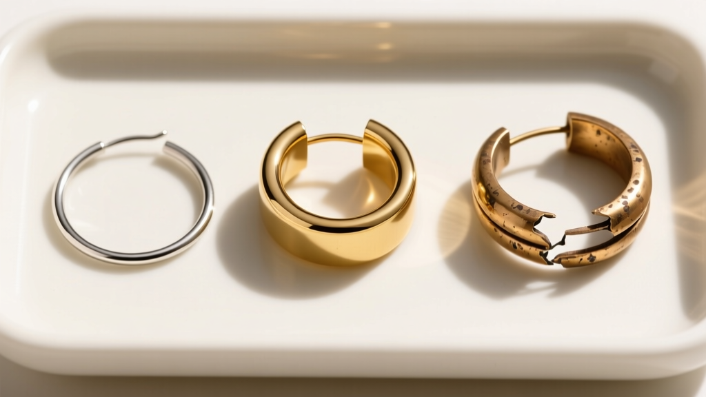 Organized comparison tray showing three broken hoop earrings: a hollow gold tube, a solid silver wire, and a plated brass hoop
