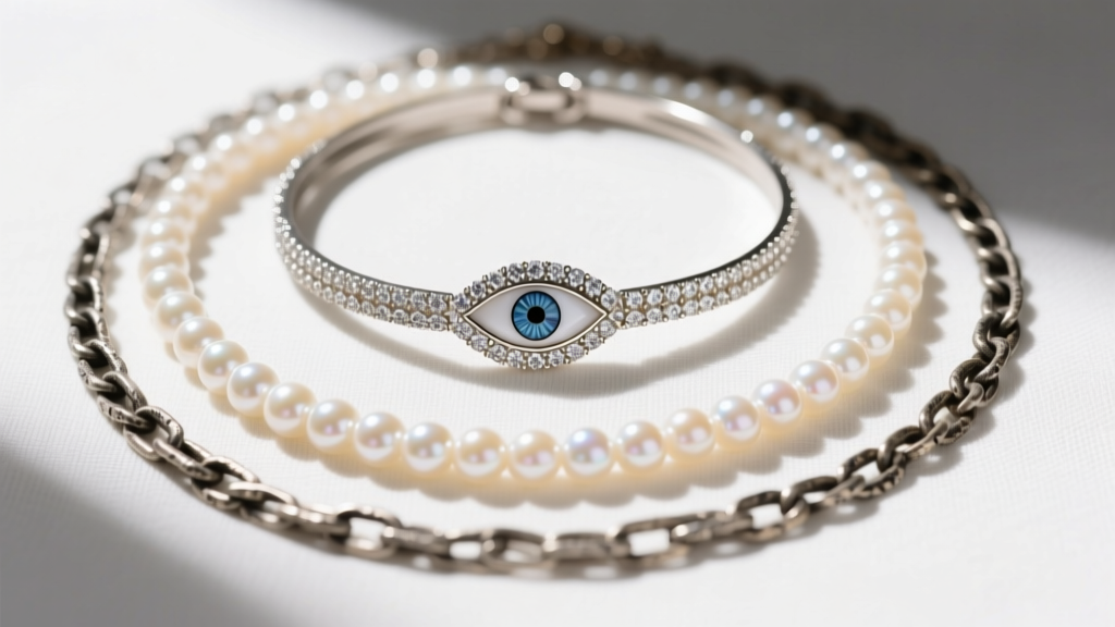 Flat lay of layered necklaces featuring a micro diamond evil eye choker, a mid-length pearl strand, and an oxidized silver chain.