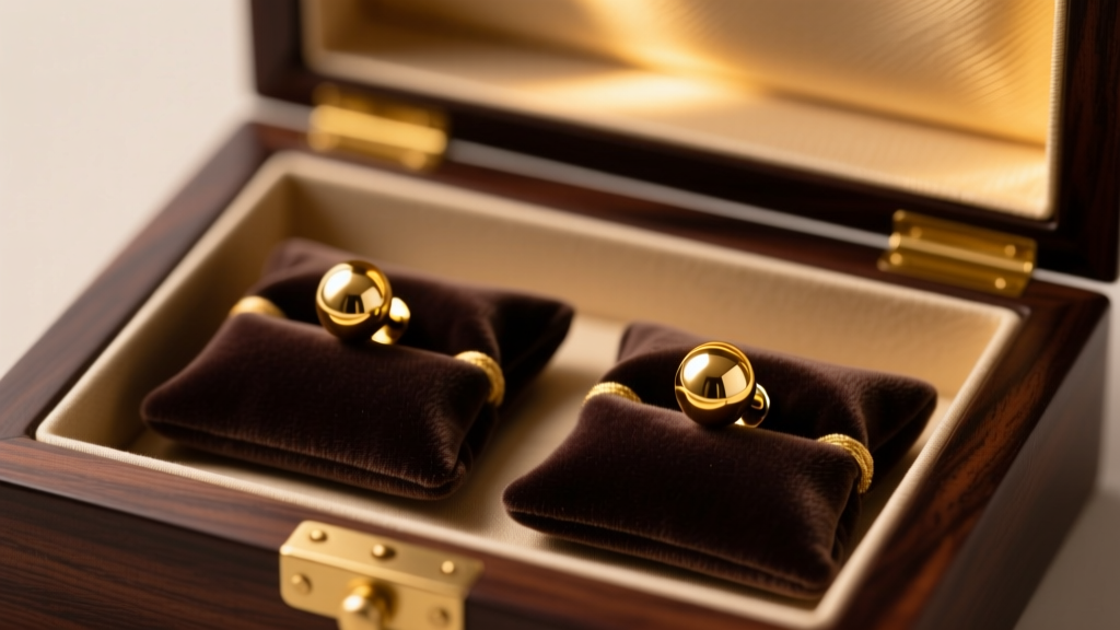 18k gold ball stud earrings resting in separate soft velvet pouches inside a dark wood jewelry box, warm ambient lighting.