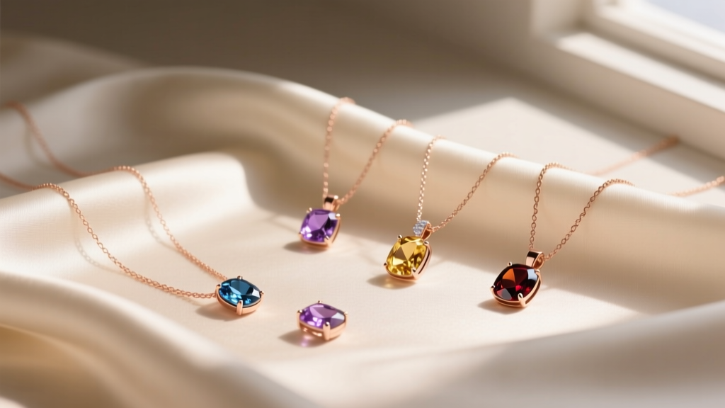 Flat lay of delicate rose gold necklaces with subtle birthstone pendants on cream silk, illuminated by soft natural window light.