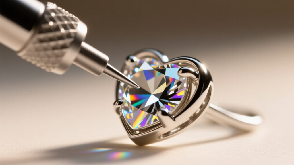 Close-up of a bezel roller tool pressing a silver prong over a faceted crystal rhinestone in a heart-shaped earring setting