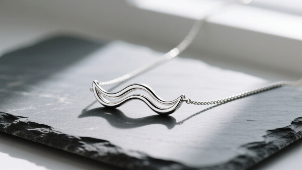 Polished 925 sterling silver minimalist wave pendant on a 1.2mm cable chain, resting on slate under soft window light.