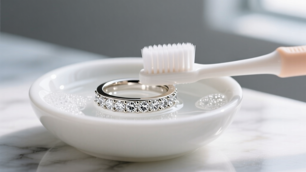 Soft baby toothbrush gently scrubbing the pave diamond setting of a 14k white gold engagement ring in a small bowl of soapy water