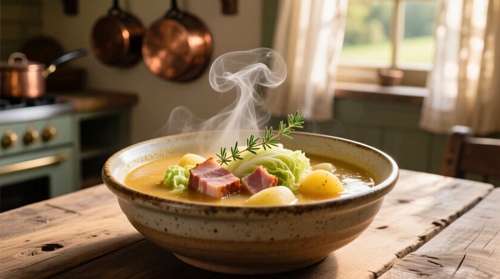 Steaming bowl of ham cabbage and potato soup