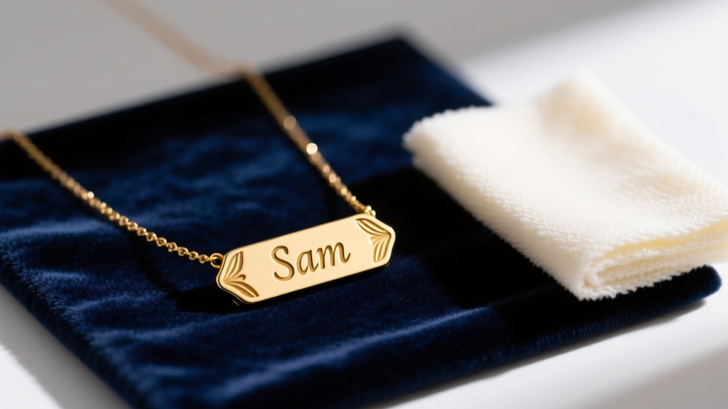 Close-up of an 18k gold vermeil Sam nameplate necklace resting on a dark velvet mat next to a soft microfiber polishing cloth.
