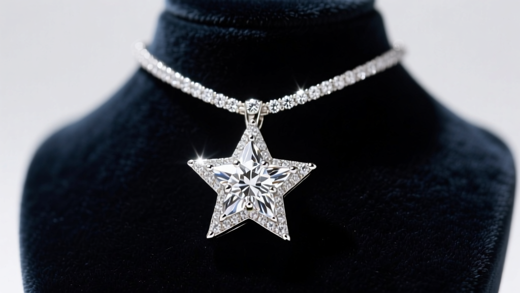 Close-up of a 15mm white gold star pendant with micro-pave diamonds, resting on a dark velvet bust under bright studio lighting
