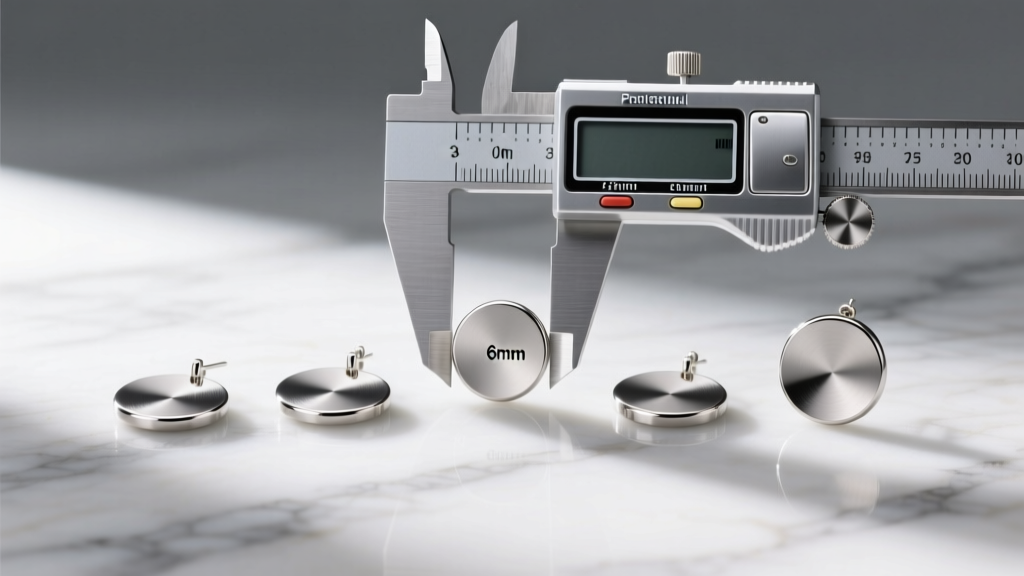 Six titanium flat disc earrings from 3mm to 10mm laid on marble, with a digital caliper measuring a 6mm washer earring disc.
