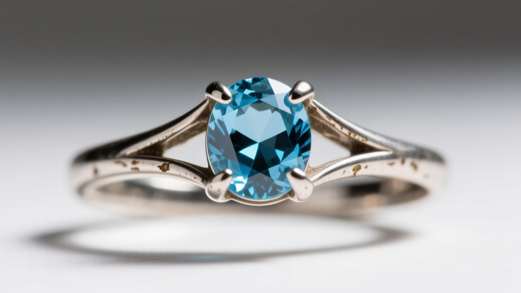 Close-up of vintage silver prongs holding a sky blue topaz, showing rhodium loss and minor metal abrasion on the delicate prongs.