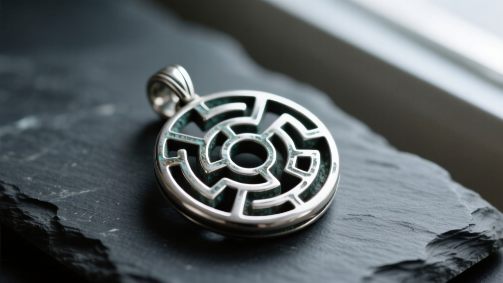 Oxidized sterling silver Hecate wheel pendant on dark slate, showing intricate labyrinth grooves and dark patina under soft lighting.