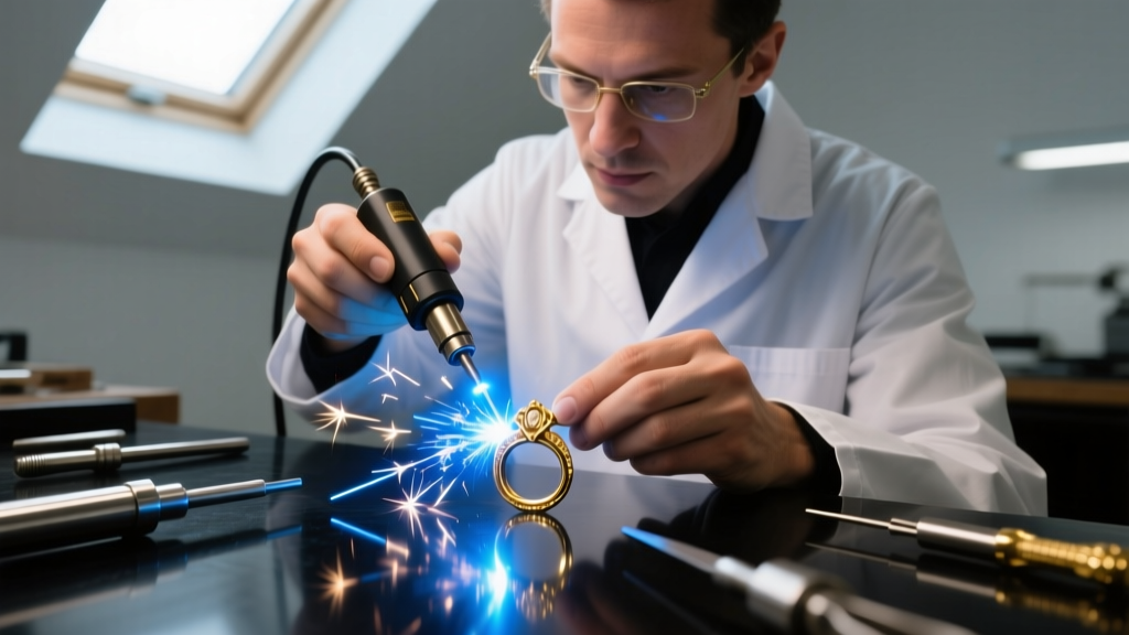 Jeweler using a laser welder to attach a gold bail to a class ring, with bright sparks illuminating the dark workbench surface.