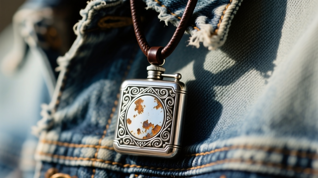 Close-up of an oxidized 925 sterling silver flask pendant hanging from a dark leather cord against a faded vintage denim jacket