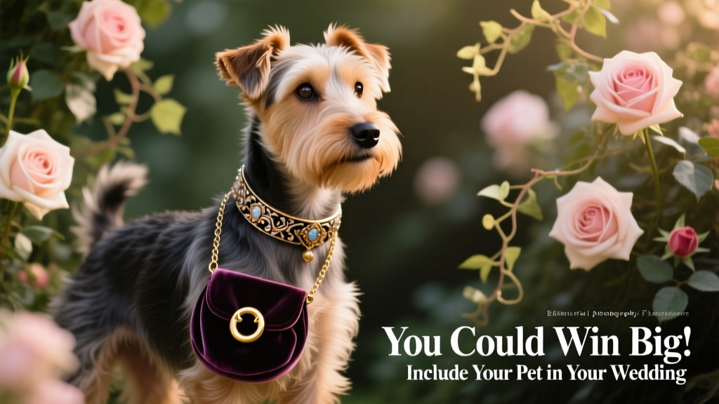 A well-groomed terrier wearing a velvet ring pouch on a decorative collar, standing confidently on a floral backdrop