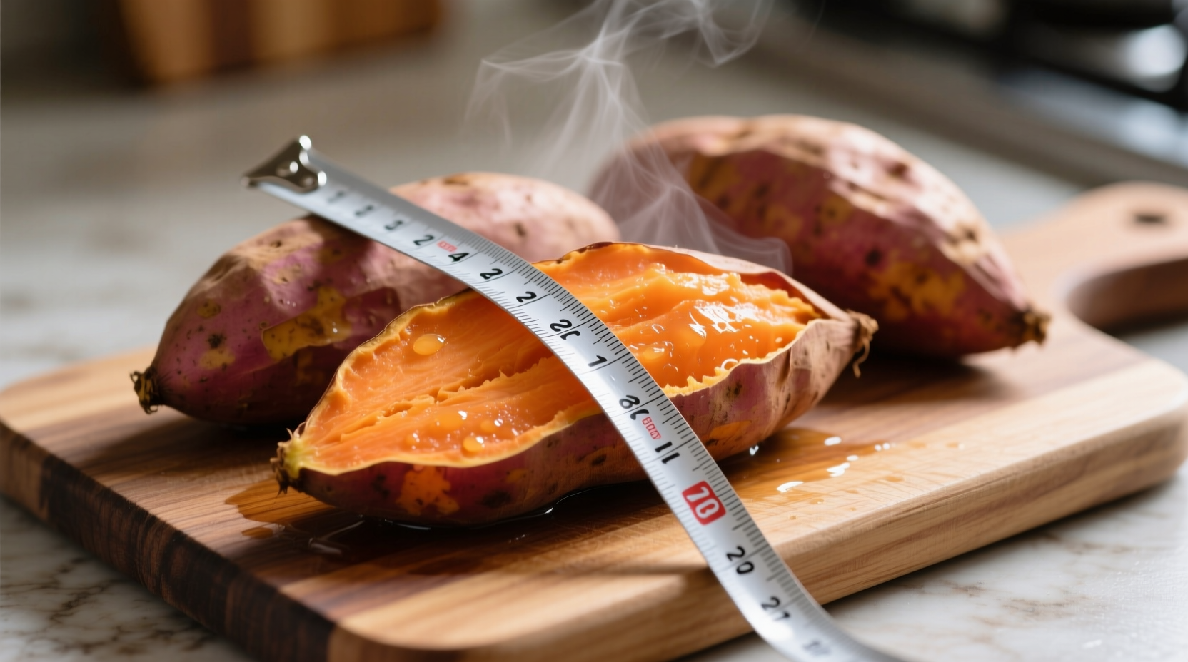 Boiled Covington sweet potatoes with measuring tape
